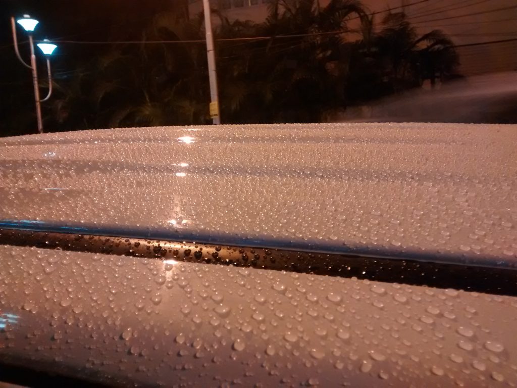 Water beading on my car after rain. This is the effect of wax.